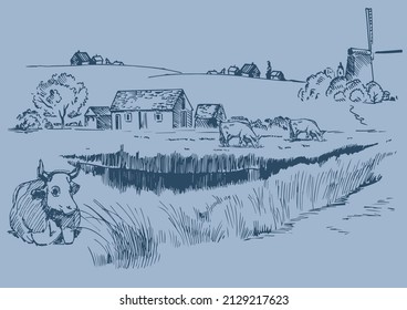 Rural scenery landscape panorama of countryside pastures. Green grass field on small hills. Vector sketch illustration
