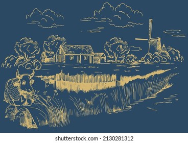 Rural scenery landscape panorama of countryside pastures. Green grass field on small hills. Vector sketch illustration
