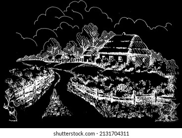 Rural scenery landscape panorama of countryside pastures. Green grass field on small hills. Vector sketch illustration
