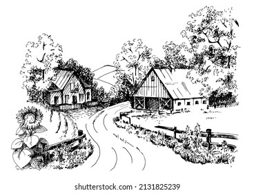 Rural scenery landscape panorama of countryside pastures. Green grass field on small hills. Vector sketch illustration