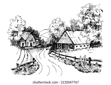 Rural scenery landscape panorama of countryside pastures. Green grass field on small hills. Vector sketch illustration