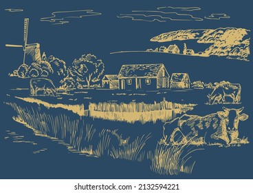 Rural scenery landscape panorama of countryside pastures. Green grass field on small hills. Vector sketch illustration