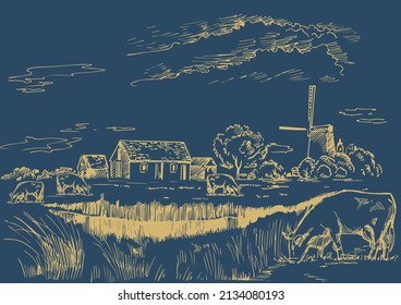 Rural scenery landscape panorama of countryside pastures. Green grass field on small hills. Vector sketch illustration