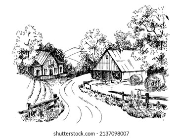 Rural scenery landscape panorama of countryside pastures. Green grass field on small hills. Vector sketch illustration
