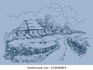 Rural scenery landscape panorama of countryside pastures. Green grass field on small hills. Vector sketch illustration