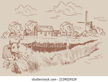 Rural scenery landscape panorama of countryside pastures. Green grass field on small hills. Vector sketch illustration