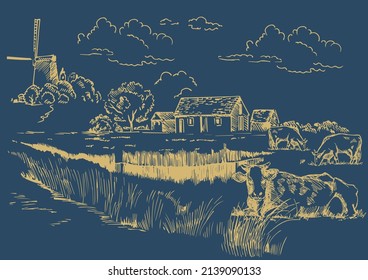 Rural scenery landscape panorama of countryside pastures. Green grass field on small hills. Vector sketch illustration