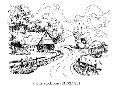 Rural scenery landscape panorama of countryside pastures. Green grass field on small hills. Vector sketch illustration