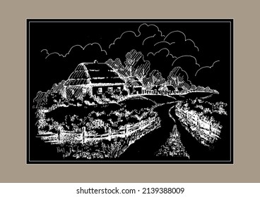 Rural scenery landscape panorama of countryside pastures. Green grass field on small hills. Vector sketch illustration