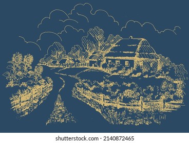 Rural scenery landscape panorama of countryside pastures. Green grass field on small hills. Vector sketch illustration

