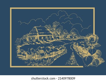 Rural scenery landscape panorama of countryside pastures. Green grass field on small hills. Vector sketch illustration
