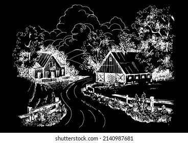 Rural scenery landscape panorama of countryside pastures. Green grass field on small hills. Vector sketch illustration