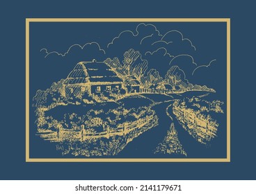 Rural scenery landscape panorama of countryside pastures. Green grass field on small hills. Vector sketch illustration
