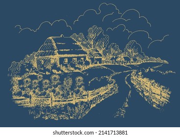 Rural scenery landscape panorama of countryside pastures. Green grass field on small hills. Vector sketch illustration
