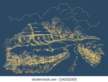 Rural scenery landscape panorama of countryside pastures. Green grass field on small hills. Vector sketch illustration
