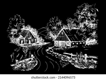 Rural scenery landscape panorama of countryside pastures. Green grass field on small hills. Vector sketch illustration