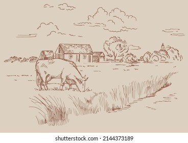 Rural scenery landscape panorama of countryside pastures. Green grass field on small hills. Vector sketch illustration

