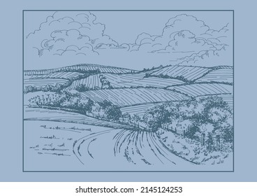 Rural scenery landscape panorama of countryside pastures. Green grass field on small hills. Vector sketch illustration
