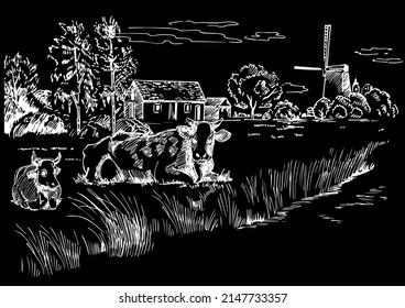 Rural scenery landscape panorama of countryside pastures. Green grass field on small hills. Vector sketch illustration
