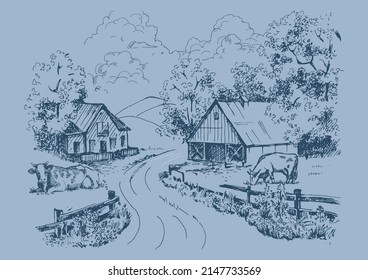 Rural scenery landscape panorama of countryside pastures. Green grass field on small hills. Vector sketch illustration
