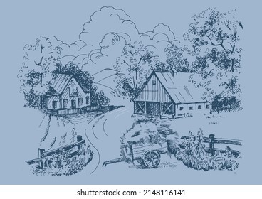 Rural scenery landscape panorama of countryside pastures. Green grass field on small hills. Vector sketch illustration
