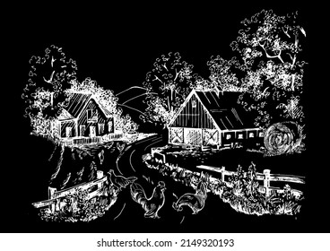 Rural scenery landscape panorama of countryside pastures. Green grass field on small hills. Vector sketch illustration