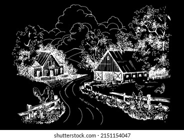 Rural scenery landscape panorama of countryside pastures. Green grass field on small hills. Vector sketch illustration
