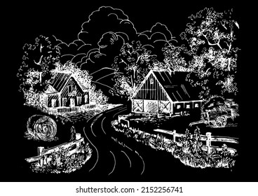 Rural scenery landscape panorama of countryside pastures. Green grass field on small hills. Vector sketch illustration