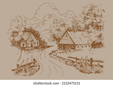 Rural scenery landscape panorama of countryside pastures. Green grass field on small hills. Vector sketch illustration
