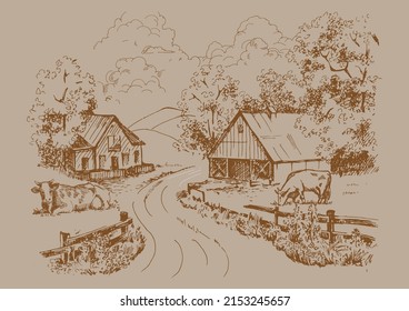 Rural scenery landscape panorama of countryside pastures. Green grass field on small hills. Vector sketch illustration