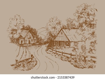 Rural scenery landscape panorama of countryside pastures. Green grass field on small hills. Vector sketch illustration