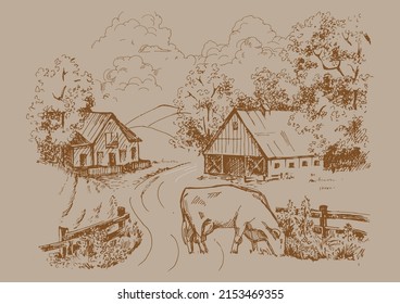 Rural scenery landscape panorama of countryside pastures. Green grass field on small hills. Vector sketch illustration