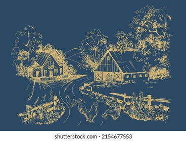 Rural scenery landscape panorama of countryside pastures. Green grass field on small hills. Vector sketch illustration
