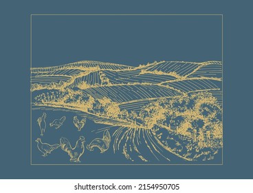 Rural scenery landscape panorama of countryside pastures. Green grass field on small hills. Vector sketch illustration
