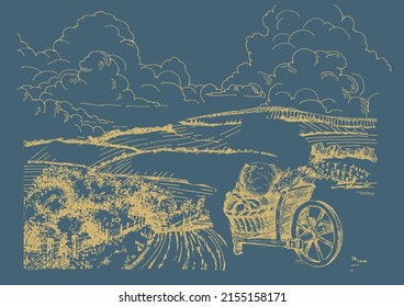 Rural scenery landscape panorama of countryside pastures. Green grass field on small hills. Vector sketch illustration
