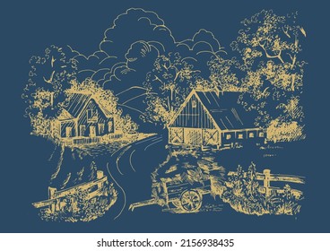 Rural scenery landscape panorama of countryside pastures. Green grass field on small hills. Vector sketch illustration
