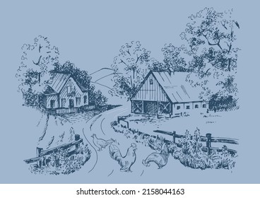 Rural scenery landscape panorama of countryside pastures. Green grass field on small hills. Vector sketch illustration

