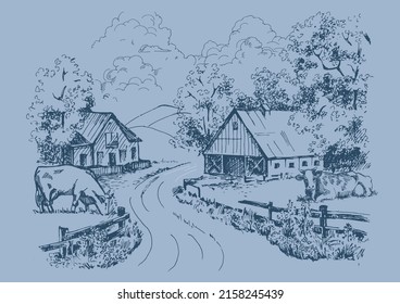 Rural scenery landscape panorama of countryside pastures. Green grass field on small hills. Vector sketch illustration
