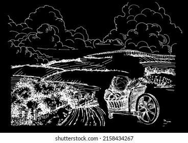 Rural scenery landscape panorama of countryside pastures. Green grass field on small hills. Vector sketch illustration
