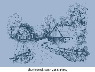 Rural scenery landscape panorama of countryside pastures. Green grass field on small hills. Vector sketch illustration
