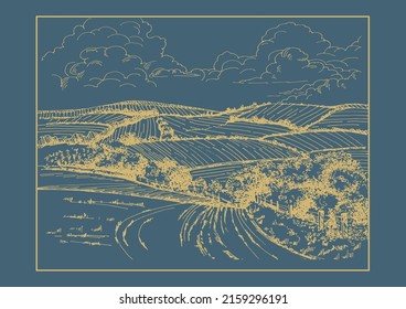 Rural scenery landscape panorama of countryside pastures. Green grass field on small hills. Vector sketch illustration
