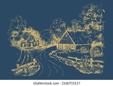 Rural scenery landscape panorama of countryside pastures. Green grass field on small hills. Vector sketch illustration
