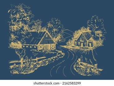 Rural scenery landscape panorama of countryside pastures. Green grass field on small hills. Vector sketch illustration
