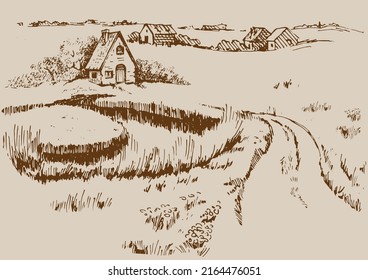 Rural scenery landscape panorama of countryside pastures. Green grass field on small hills. Vector sketch illustration