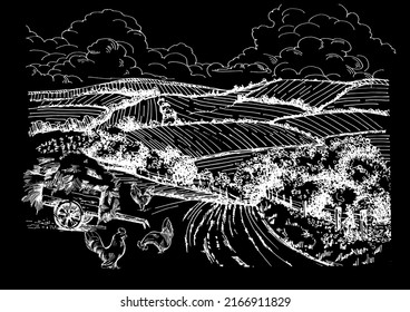 Rural scenery landscape panorama of countryside pastures. Green grass field on small hills. Vector sketch illustration