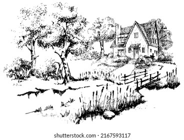 Rural scenery landscape panorama of countryside pastures. Green grass field on small hills. Vector sketch illustration
