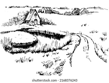 Rural scenery landscape panorama of countryside pastures. Green grass field on small hills. Vector sketch illustration
