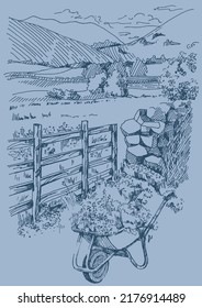 Rural scenery landscape panorama of countryside pastures. Green grass field on small hills. Vector sketch illustration
