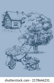 Rural scenery landscape panorama of countryside pastures. Green grass field on small hills. Vector sketch illustration
