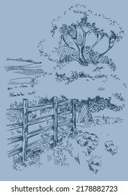 Rural scenery landscape panorama of countryside pastures. Green grass field on small hills. Vector sketch illustration
